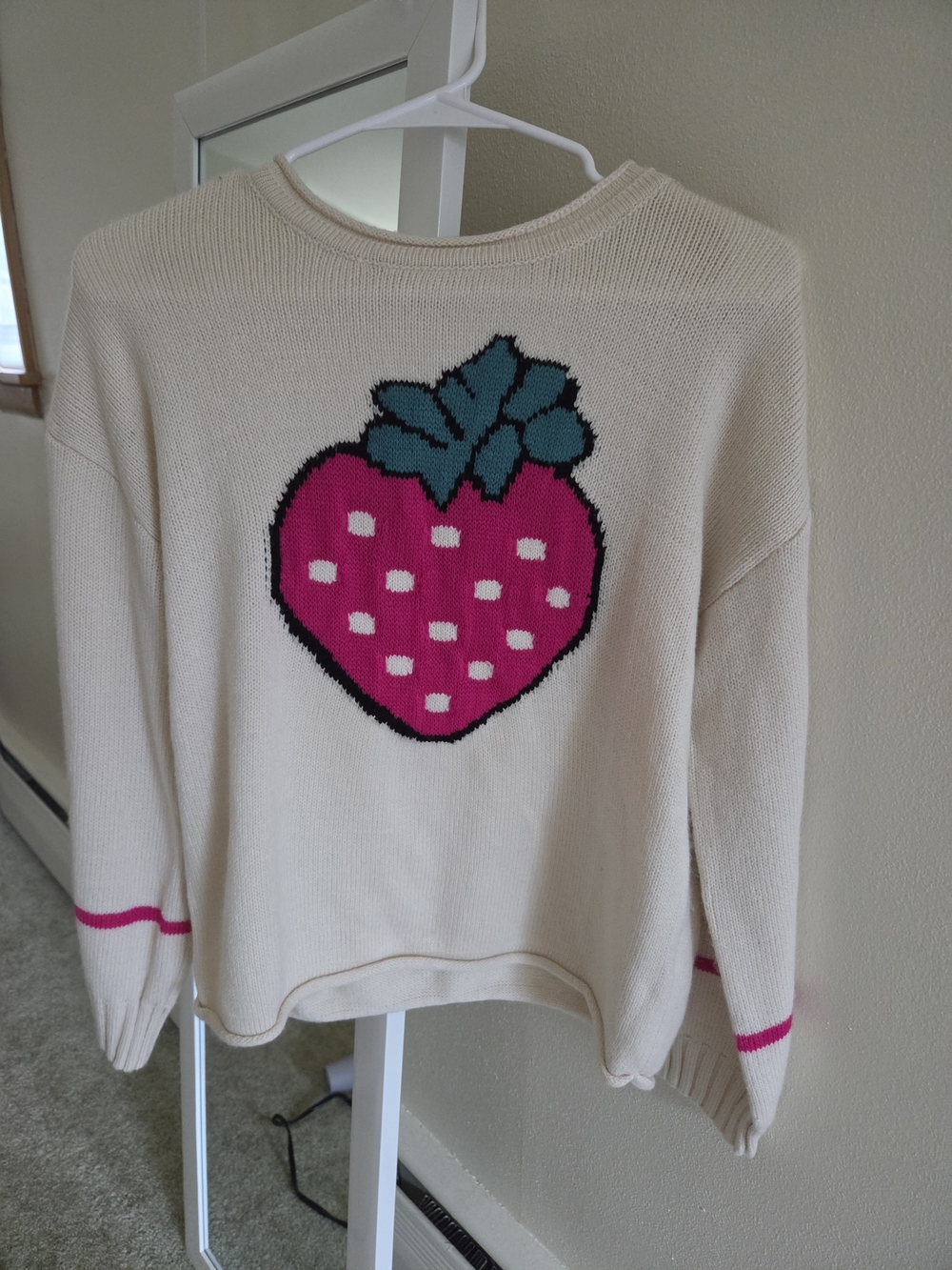 SHEIN Cream Sweater with Pink Strawberry and Teal Leaves
